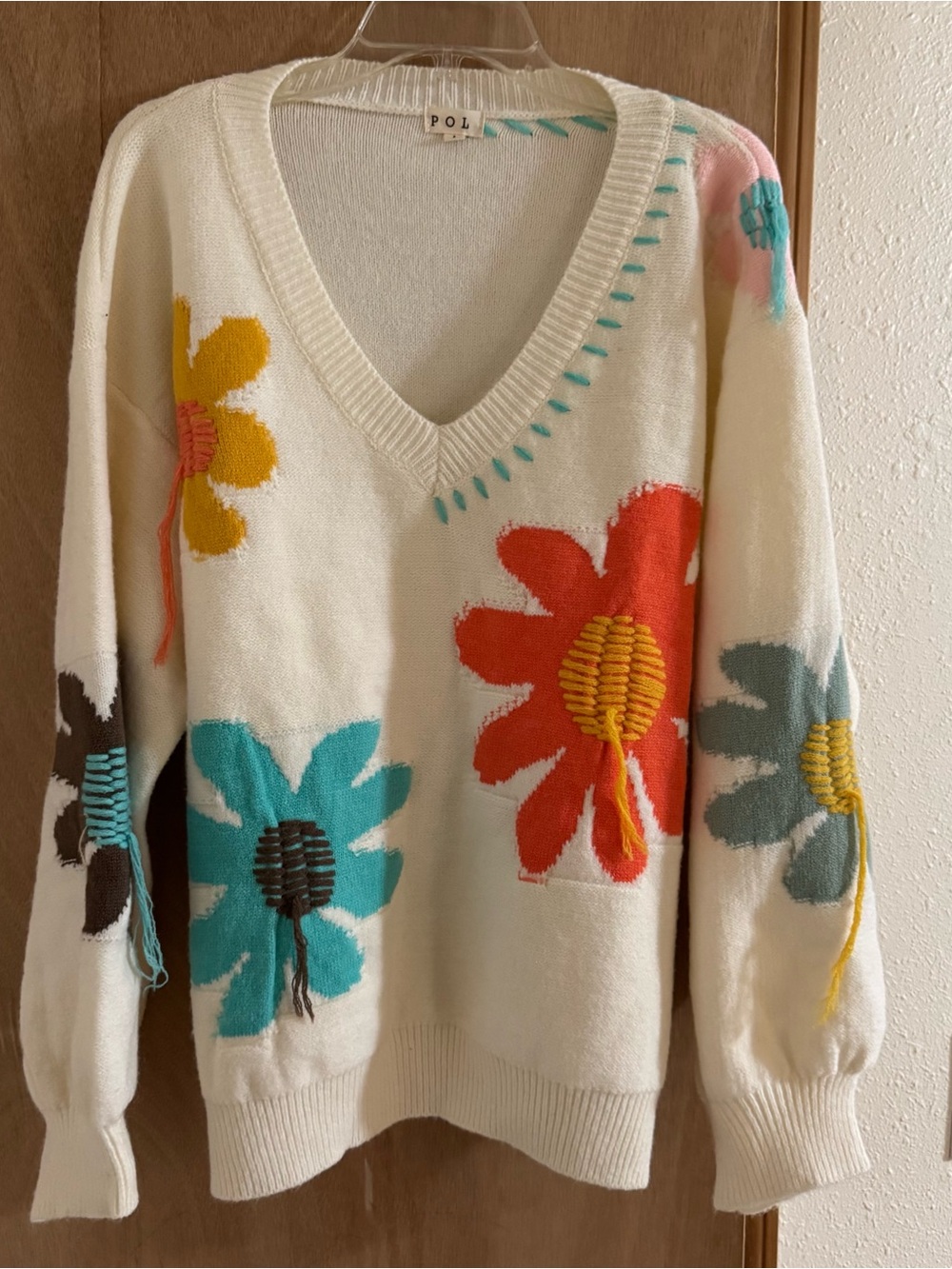 Three Bird Nest Cream V-Neck Sweater with Multicolor Floral Embroidery